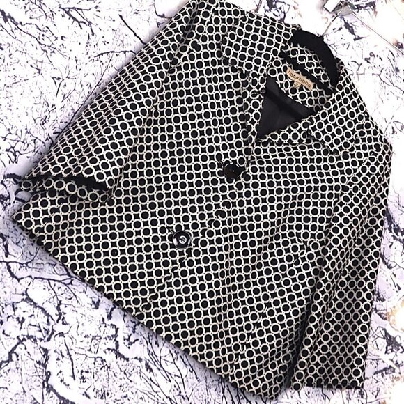 EMBROIDERED BLAZER M Notations 90s Y2K Rings Black White Office Work Boxy Spring - Picture 1 of 6